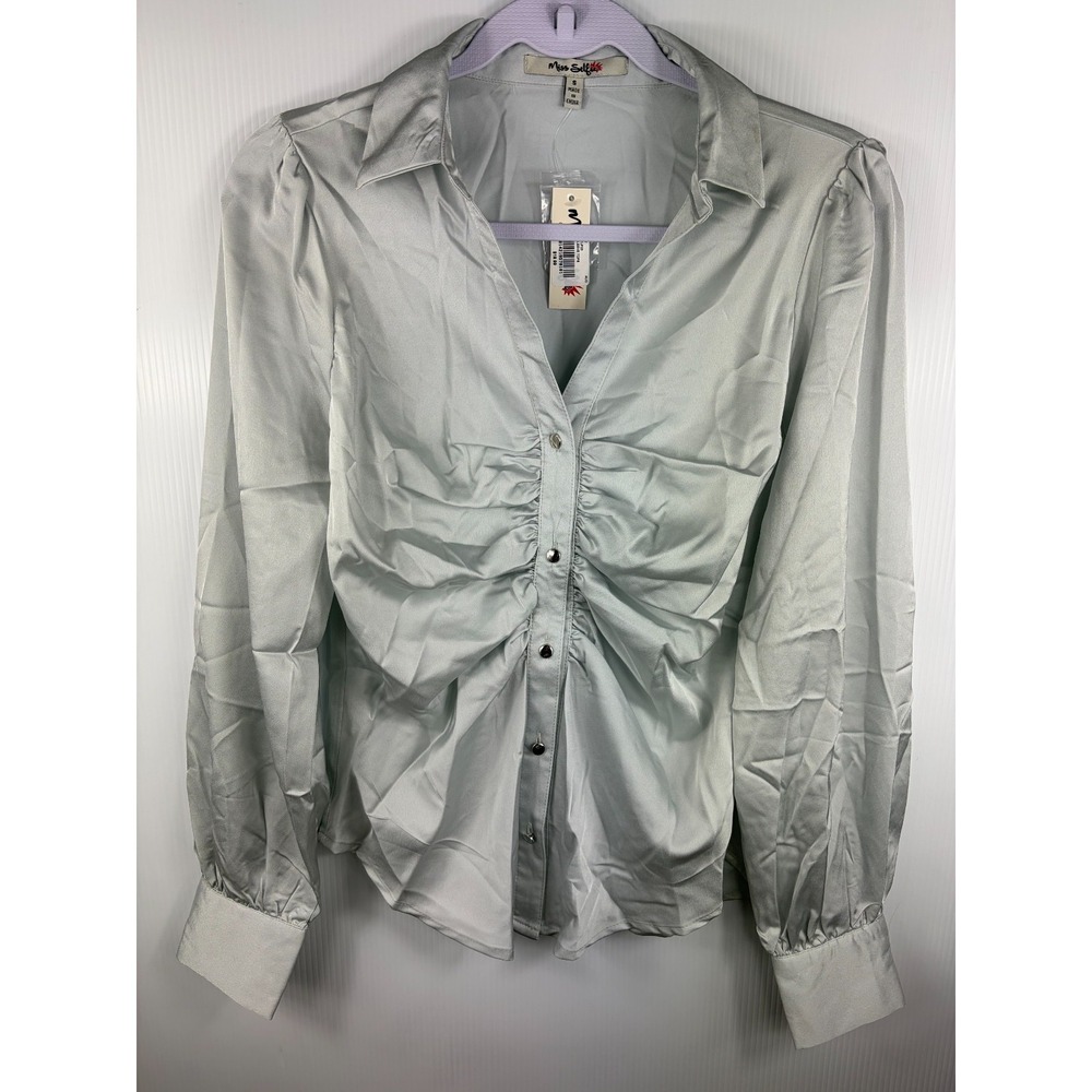 Miss Selfie Blouse S Silver Ruched Satin Shiny Button Up‎ Y2K Whimsygoth Vintage